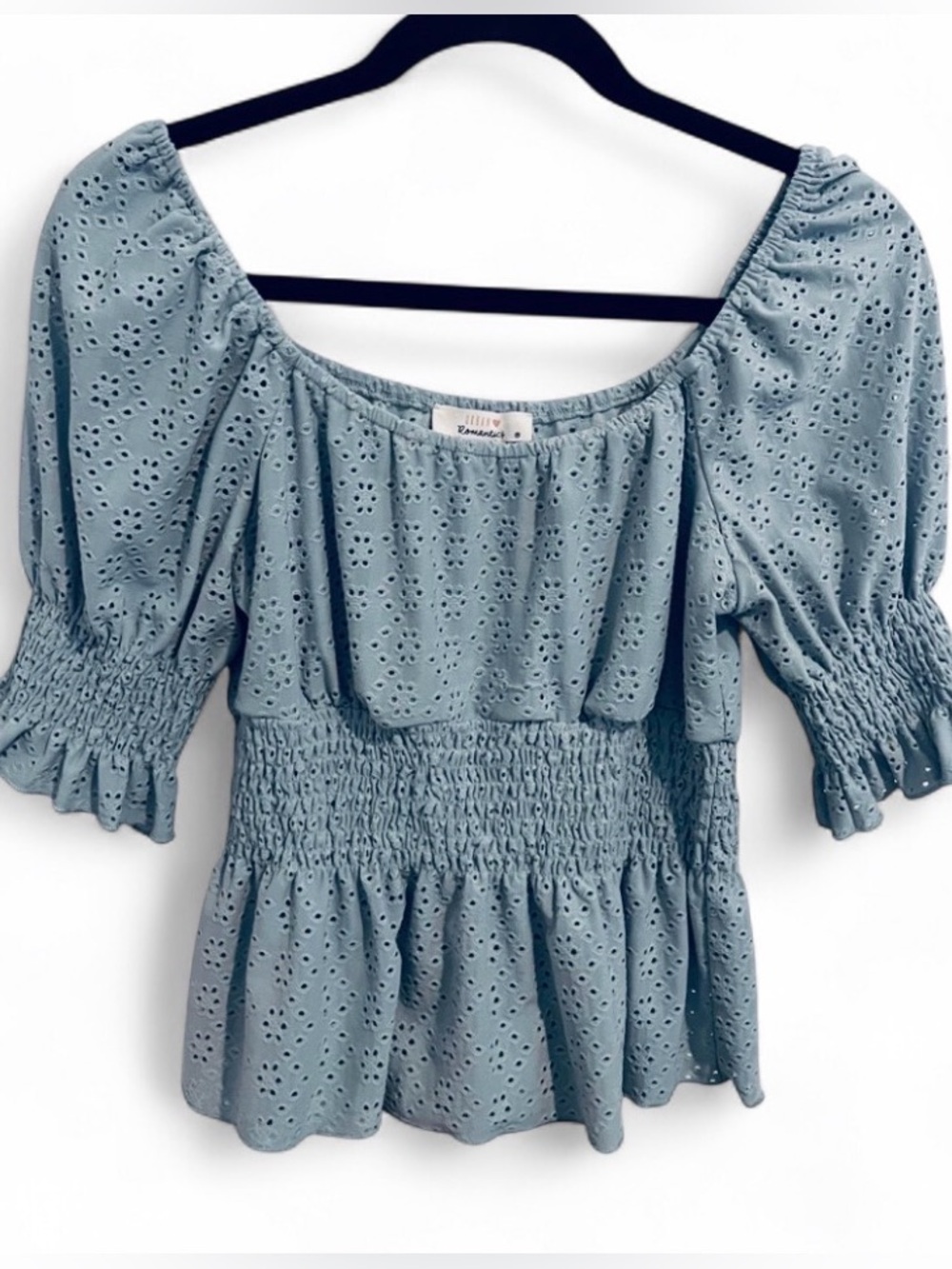 Urban Romantic Blue Eyelet Smocked Peplum Top Medium